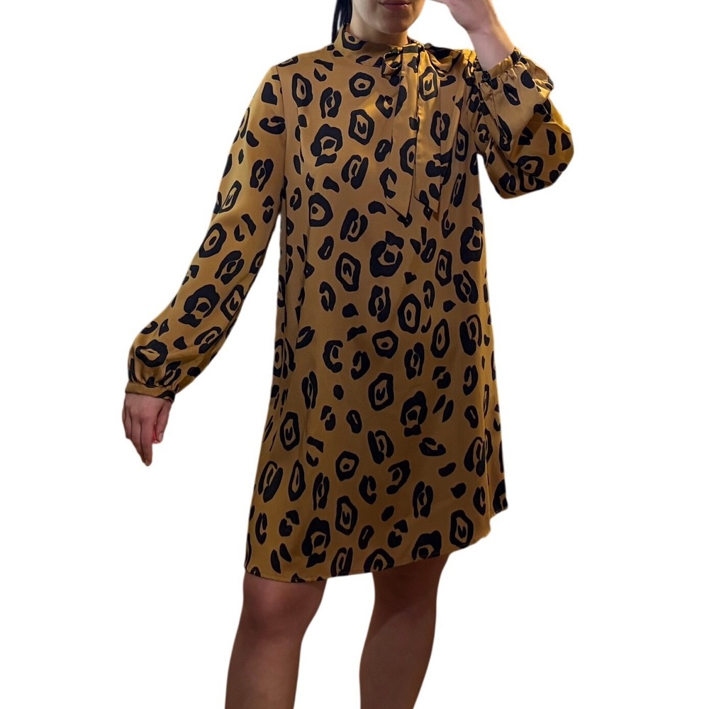 Who What Wear Mini Dress Women S Brown Leopard High Tie Neck Long Sleeve Shift - Picture 3 of 9